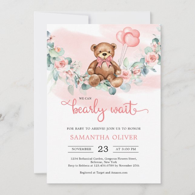 Teddy Bear Eucalyptus Wreath Girl Baby Shower Invitation (Front)