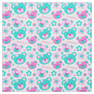 Teddy bear faces pink aqua white pattern fabric