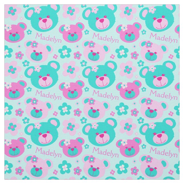 Teddy bear faces pink aqua white pattern fabric (Swatch)