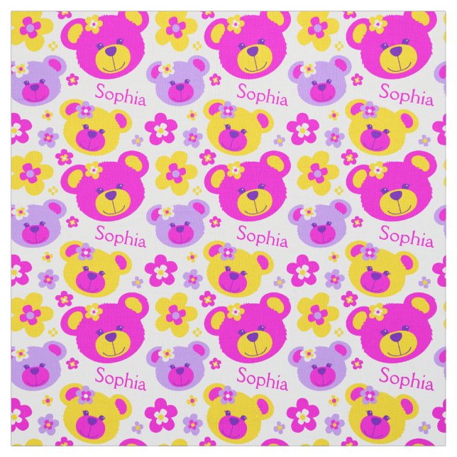 Teddy bear faces pink purple yellow white pattern fabric (Swatch)
