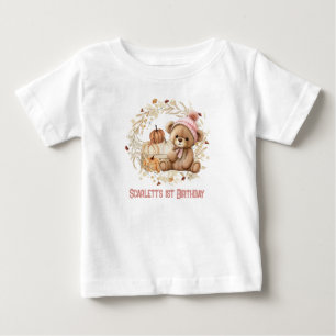 Teddy Bear Fall 1st Birthday Pumpkins Name Girl Baby T-Shirt