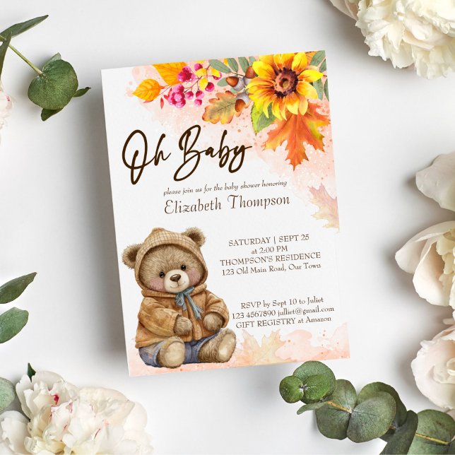 Teddy bear fall autumn foliage baby shower invitation (Cute teddy bear fall baby shower invitation template instant download oh baby invite autumn foliage)