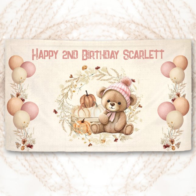Teddy Bear Fall Girl Pink Beige Birthday Banner (Teddy Bear Fall Girl Pink Beige Birthday Banner)