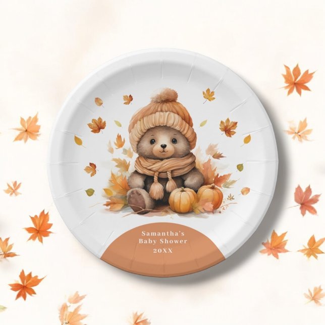 Teddy Bear Fall In Love Autumn Pumpkin Paper Plate (Creator Uploaded)