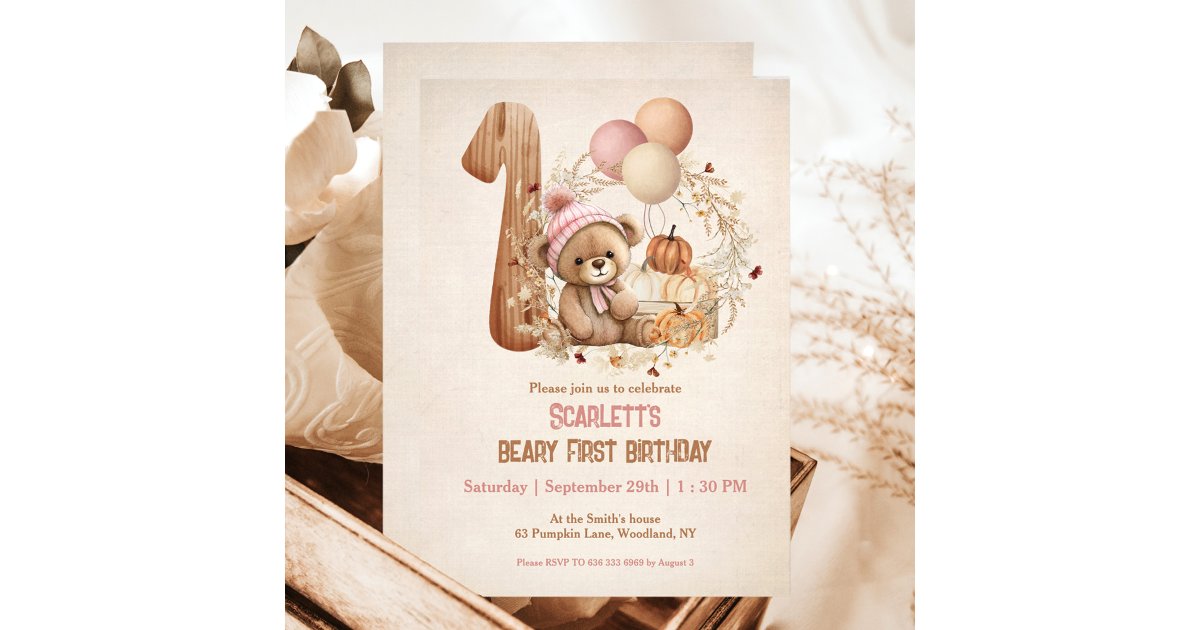 Teddy Bear Fall Pumpkins Girl Beary 1st Birthday Invitation | Zazzle
