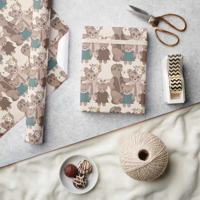 Teddy Bear Family Floral Greenery Baby Shower Wrapping Paper (Crafts)