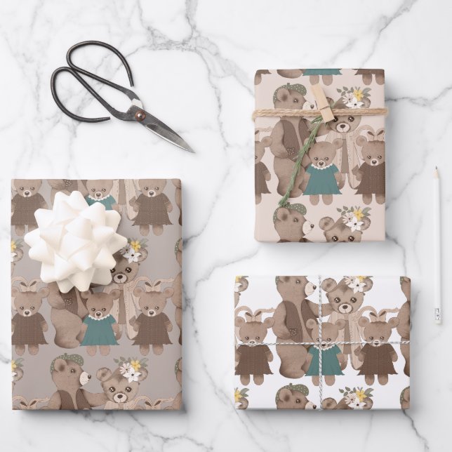 Teddy Bear Family  Wrapping Paper Sheet (Front)