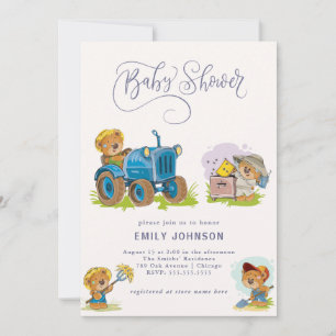 Teddy Bear Farm Tractor Baby Shower Invitation