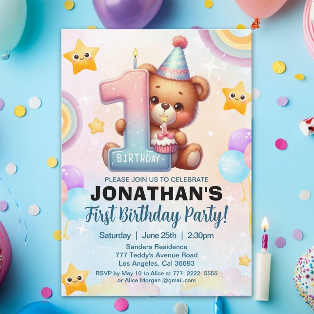 Teddy Bear First Birthday | Cute Boy 1st Birthday  Invitation (Creator Uploaded)