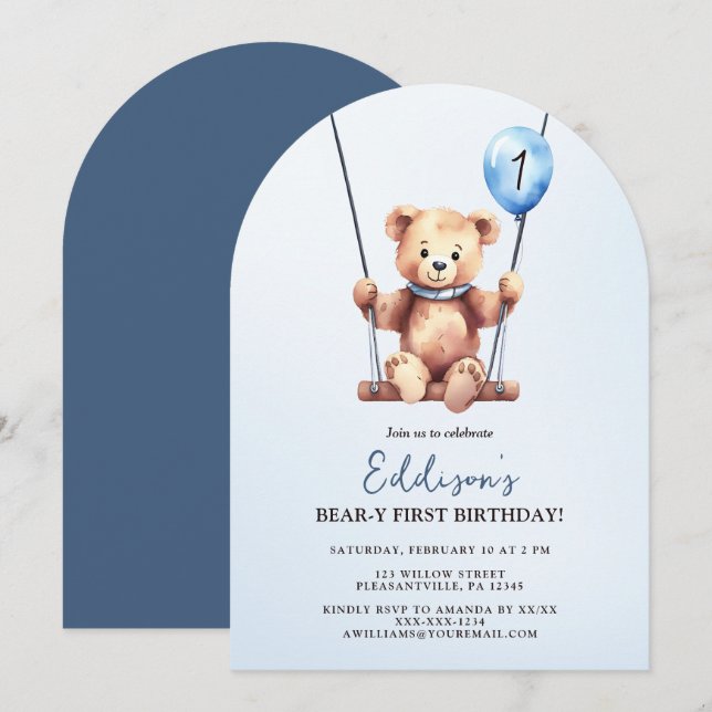 Teddy Bear First Birthday Invitation (Front/Back)