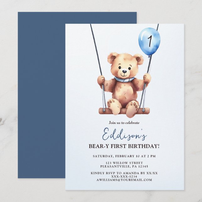 Teddy Bear First Birthday Invitation (Front/Back)