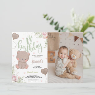 Teddy Bear First Birthday Invitation Photo Card