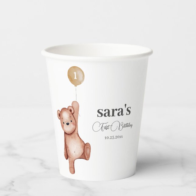 Teddy Bear First Birthday Party Paper Cups (Front)