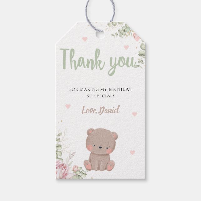 Teddy Bear First Birthday Party Thank You Tag (Front)