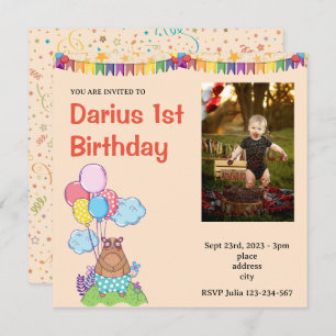 Teddy Bear  First Birthday Photo invitation
