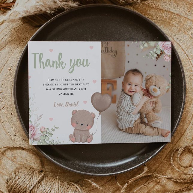 Teddy Bear First Birthday Photo Thank You Card (Creator Uploaded)