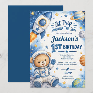 Teddy Bear First Trip Around The Sun 1st Birthday Invitation