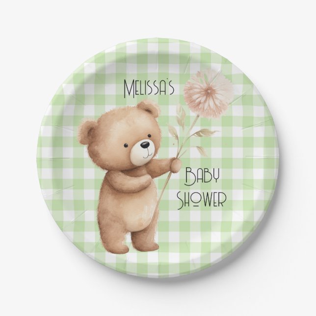 Teddy Bear Floral Gingham Pattern Baby Boy Shower Paper Plate (Front)