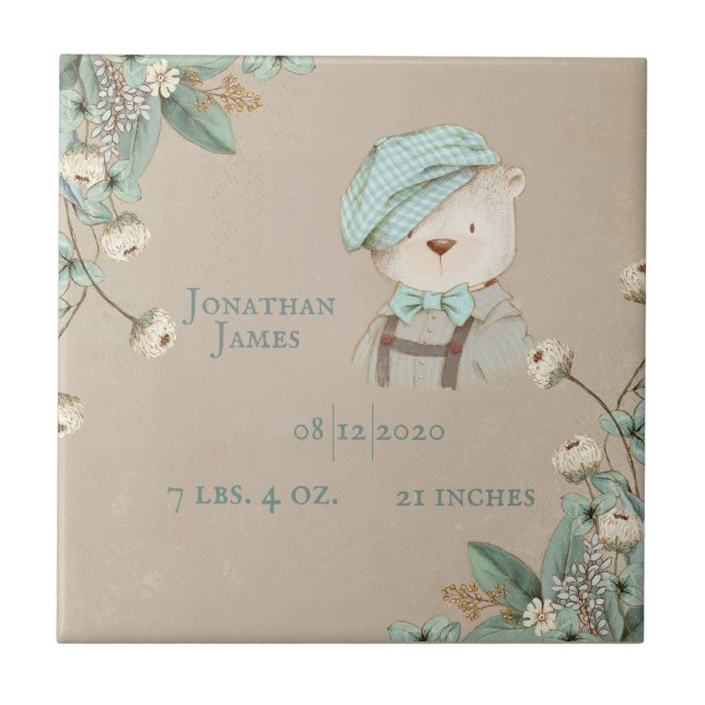 Teddy Bear Floral Name Personalise Birth Stats Tile (Front)