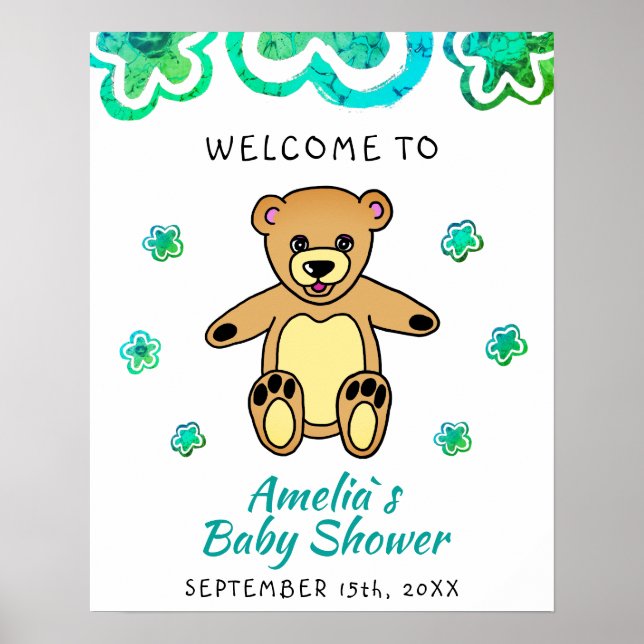 Teddy Bear Flower Floral Baby Shower Welcome Poster (Front)