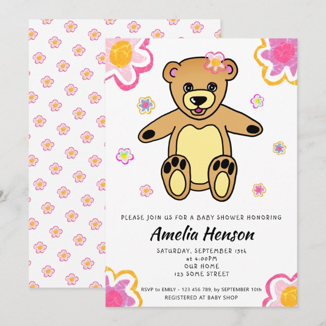 Teddy Bear Flower Girl Floral Baby Shower Invitation (Front/Back)
