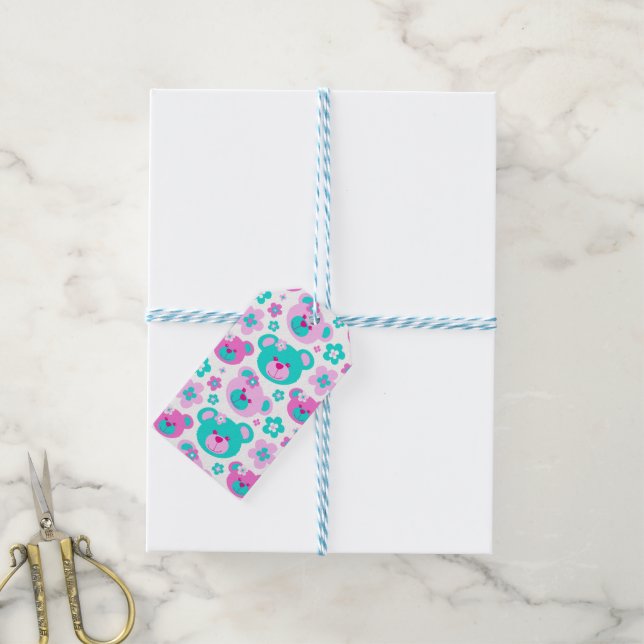 Teddy bear flower pink aqua gift tag (With Twine)