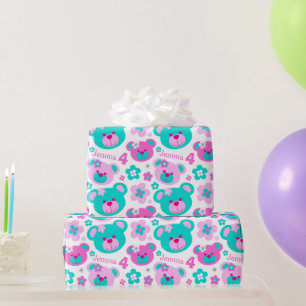 Teddy bear flowers 4th birthday name gift paper