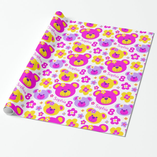 Teddy bear flowers 8th birthday name gift paper (Unrolled)
