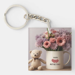 Teddy Bear, Flowers & Coffee Mug Key Ring