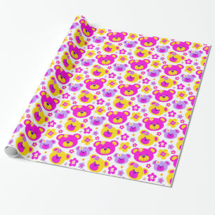 Teddy bear flowers pink yellow girls gift wrap