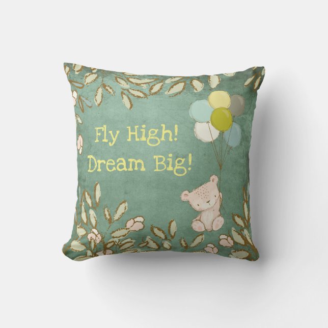 Teddy Bear Fly High Dream Balloons Green Typo Cushion (Front)