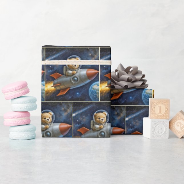 Teddy Bear Flying In a Rocket Ship Wrapping Paper (Baby Shower)