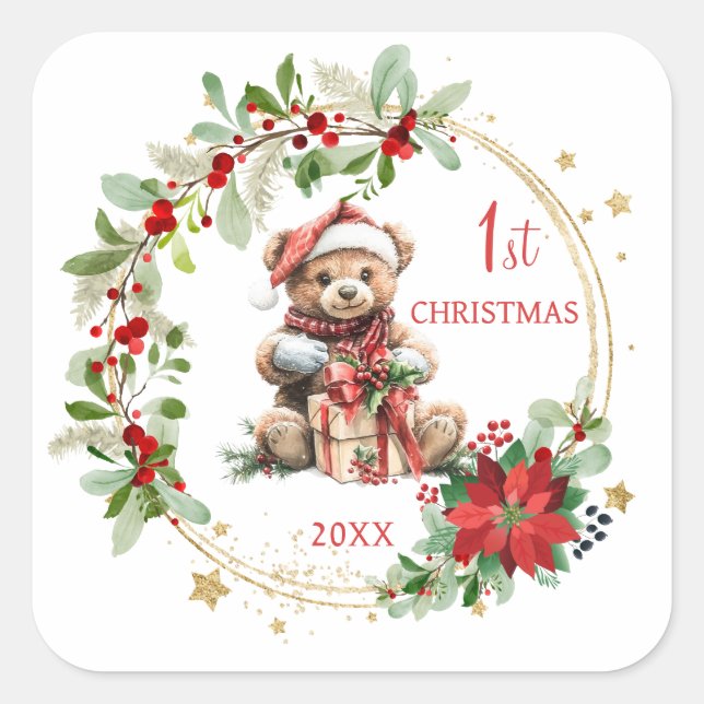 Teddy Bear Foliage Poinsettia Baby 1st Christmas Square Sticker (Front)