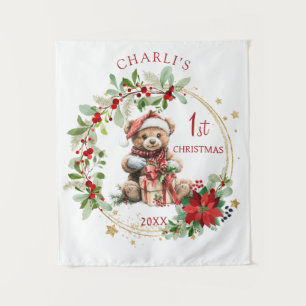 Teddy Bear Foliage Poinsettia Baby 1st Christmas Tapestry