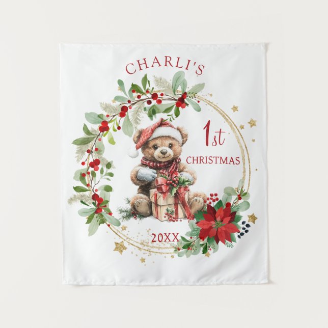 Teddy Bear Foliage Poinsettia Baby 1st Christmas Tapestry (Front)