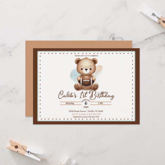 Teddy Bear Football Watercolor 1st Birthday Party Invitation (Front/Back In Situ)