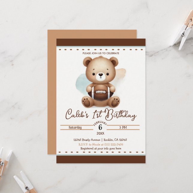 Teddy Bear Football Watercolor 1st Birthday Party Invitation (Front/Back In Situ)