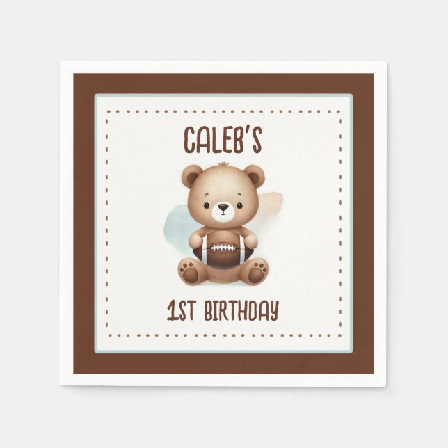 Teddy Bear Football Watercolor 1st Birthday Party Napkin (Front)