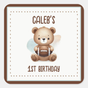 Teddy Bear Football Watercolor 1st Birthday Party Square Sticker