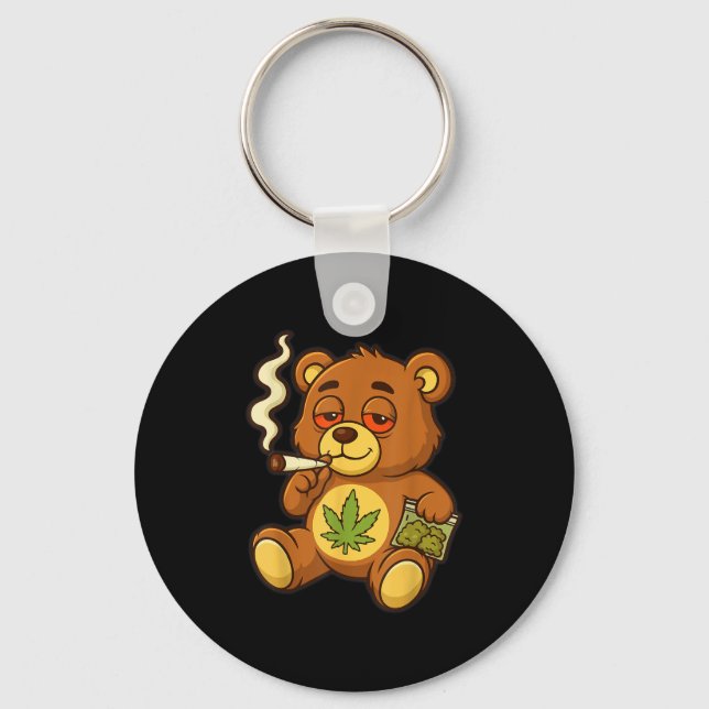 Teddy Bear Funny Weed Smoking Bear With Joint Leaf Key Ring (Front)