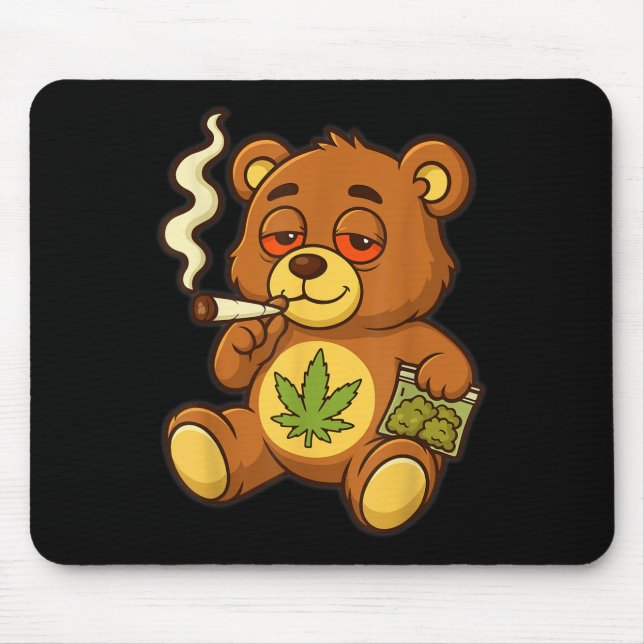 Teddy Bear Funny Weed Smoking Bear With Joint Leaf Mouse Mat (Front)