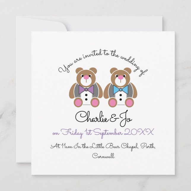 Teddy bear gay wedding two groom invitation (Back)