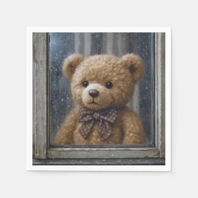 Teddy Bear Gazing Out of a Rainy Window Napkin (Front)