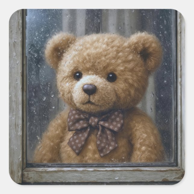 Teddy Bear Gazing Out of a Rainy Window Square Sticker (Front)