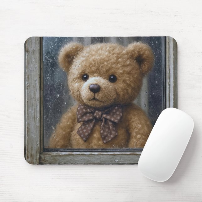 Teddy Bear Gazing Out of Rainy Window Mouse Mat (With Mouse)