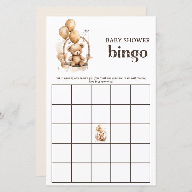 Teddy Bear Gender Neutral Baby Shower Bingo Game (Front/Back)
