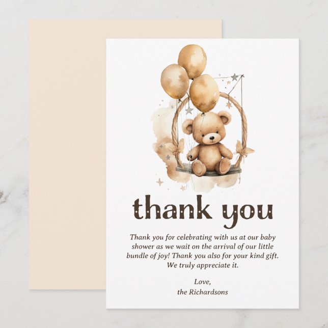 Teddy Bear Gender Neutral Baby Shower Thank You Card (Front/Back)