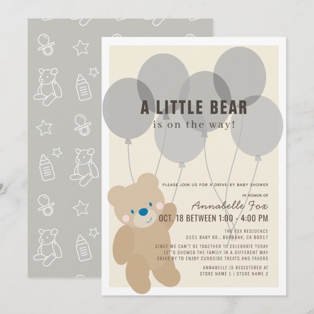 Teddy Bear Gender Neutral Drive-by Baby Shower Invitation (Front/Back)