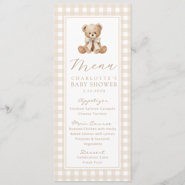 Teddy bear Gender neutral Gingham Baby Shower Menu (Front)