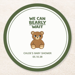 Teddy Bear Gender Neutral Minimalist Baby Shower Round Paper Coaster